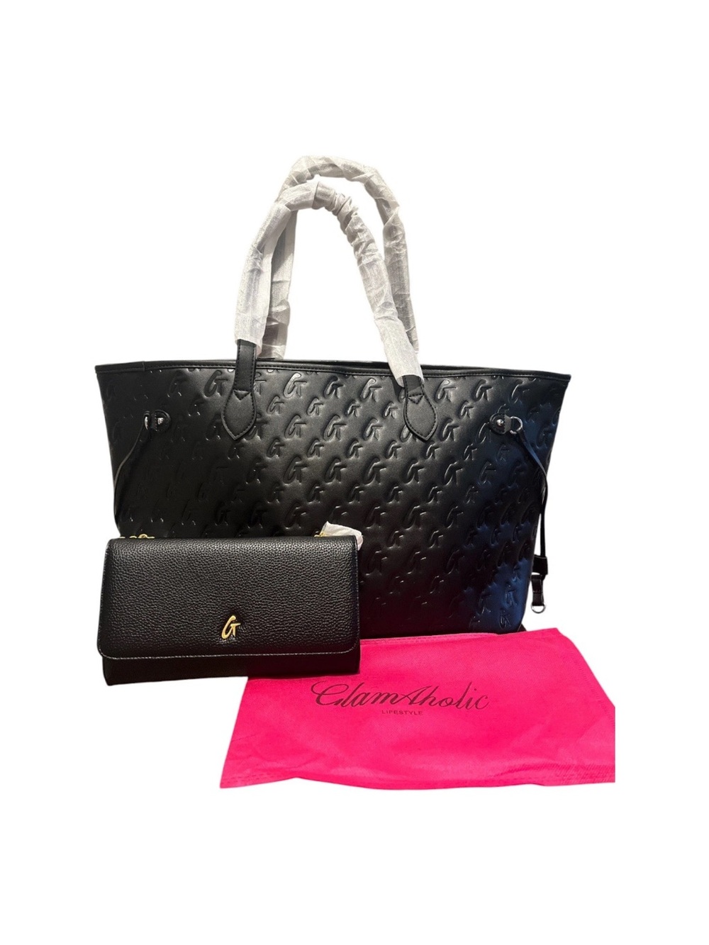 NWT Glamaholic LRG Black Embossed G Tote & Matching gold chain purse organizer